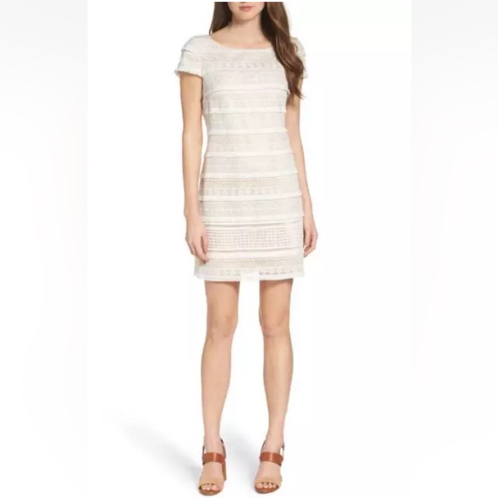 Eliza J Cap Sleeve Fringe Lace Sheath Ivory Dress